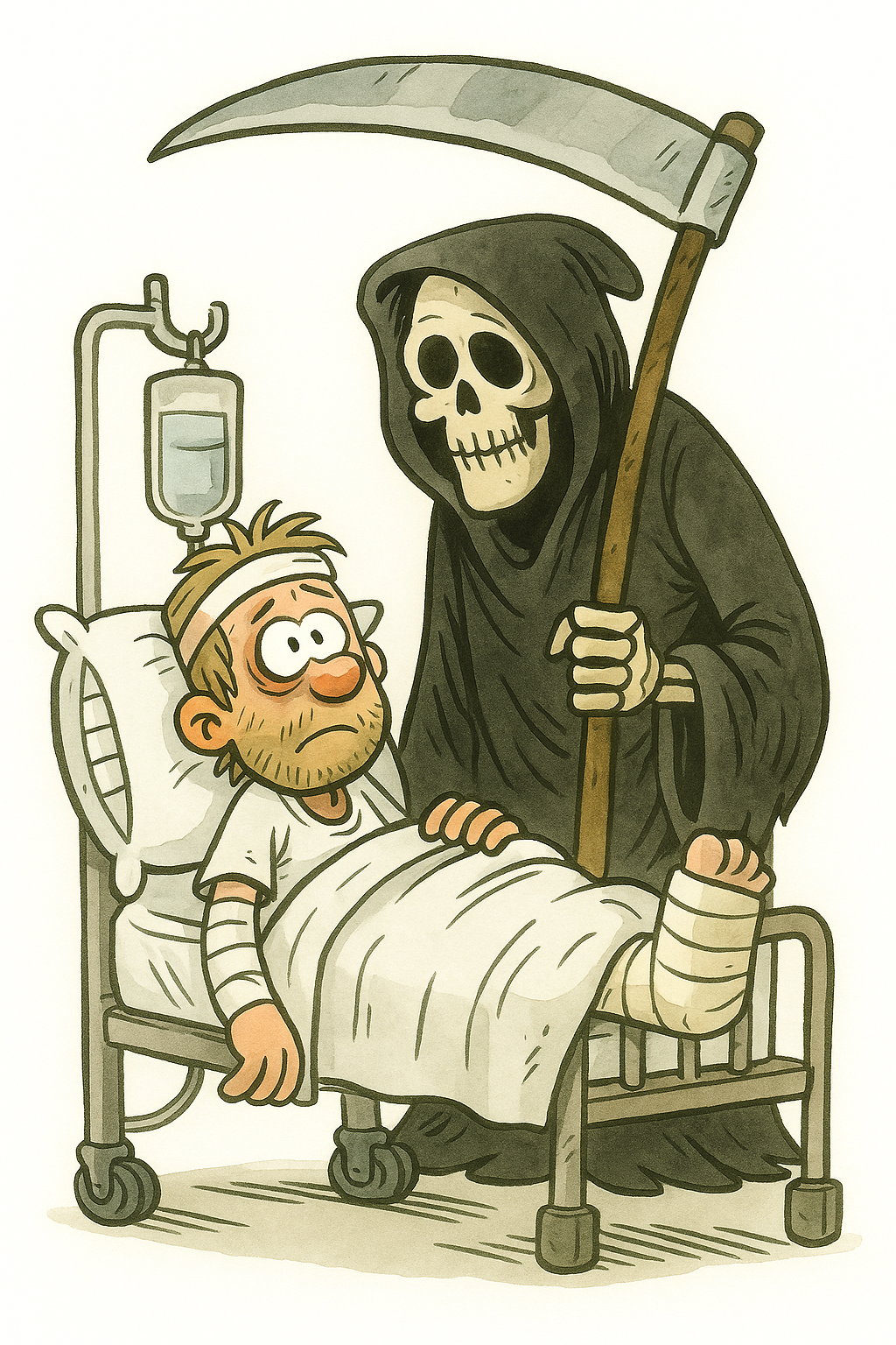 Injured skater in hospital bed with Grim Reaper