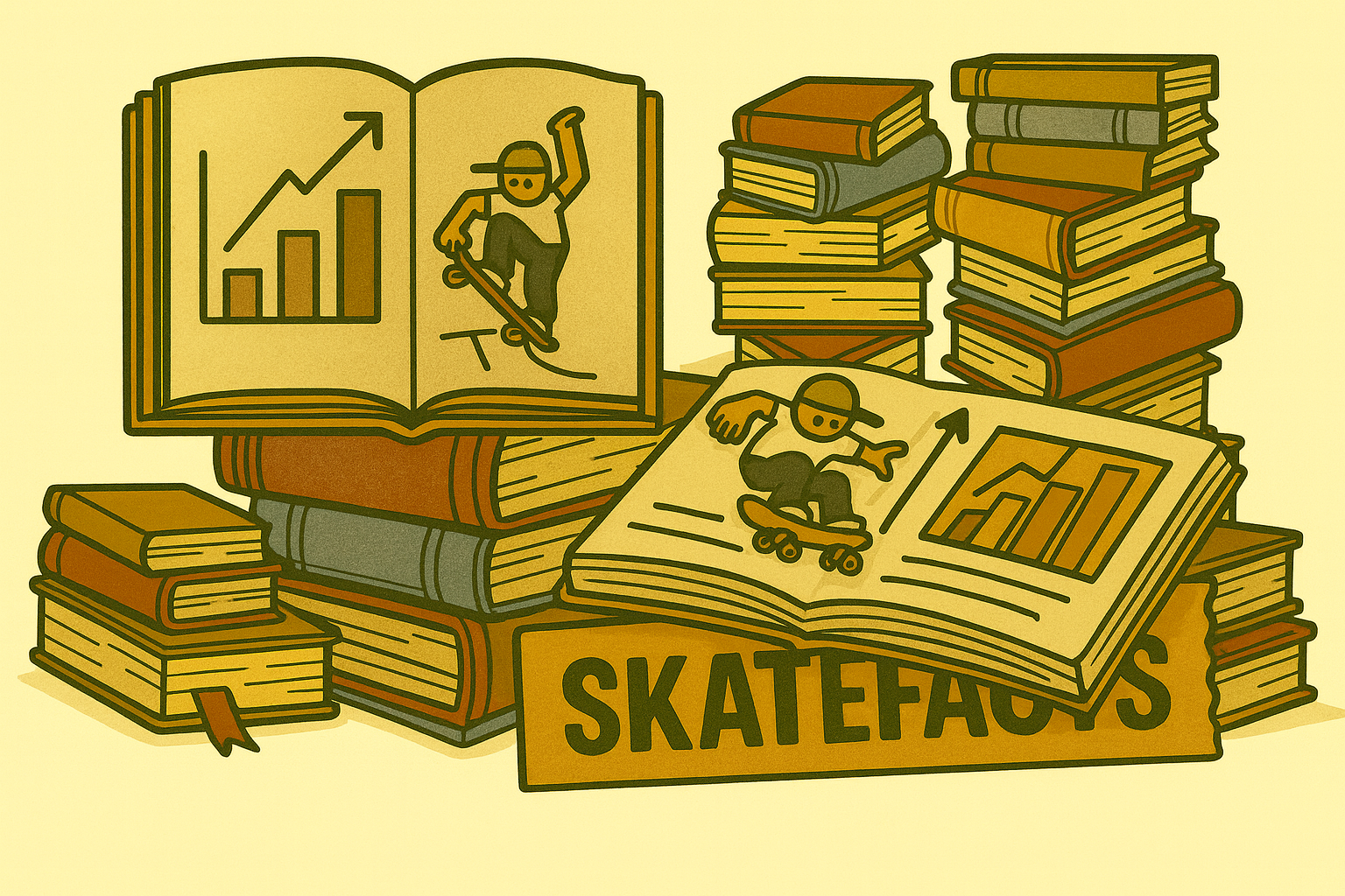 SkateFacts section featuring books, chart, and skater icon